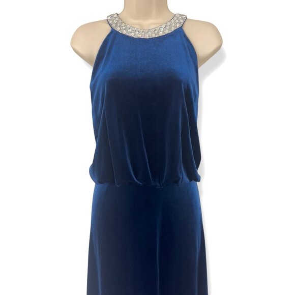 Marina Midnight Blue Velvet Blouson Embellished Long Gown Size 16W 1X Dress Plus - Picture 3 of 9